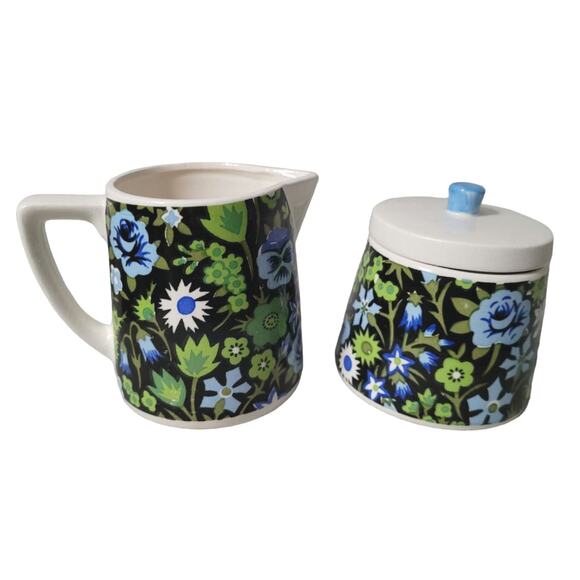 Napcoware Blue Green Pansies Floral Chintz Creamer Sugar Set Japan - Picture 1 of 11